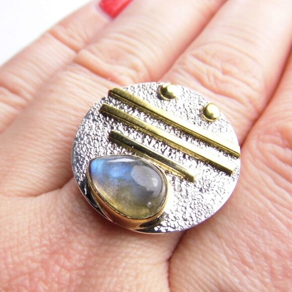 LABRADORITE Silver Two tone RING size 8.5 - Picture 4 of 7
